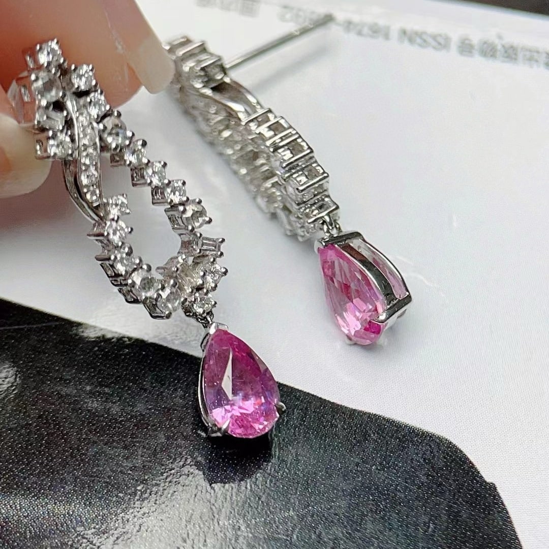 14k Gold 2.45 Ctw Natural Padparadscha Sapphire & Diamond Earrings - 3