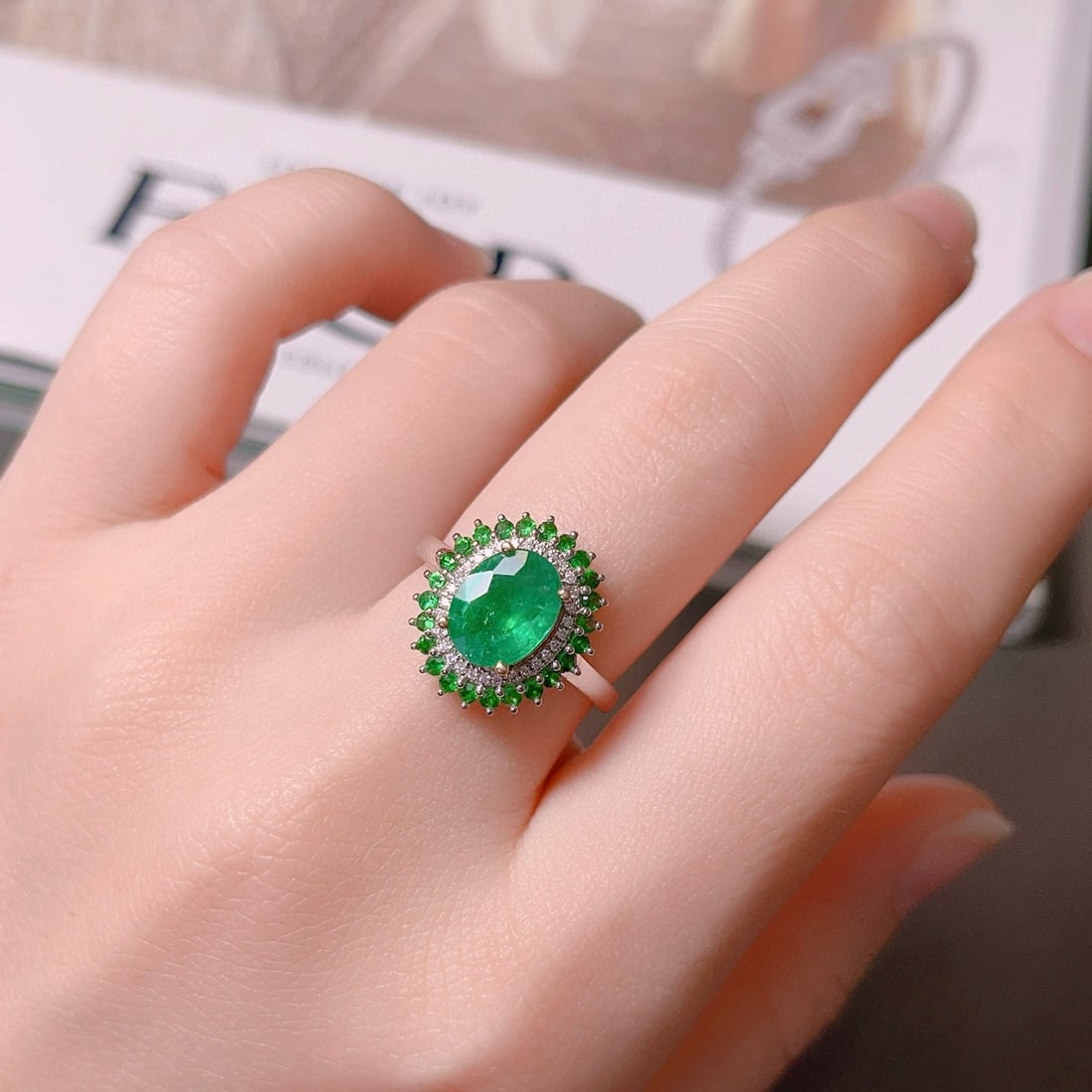 14k Gold 1.78 Ct Natural Emerald & Diamond & Tsavorite Ring - 5