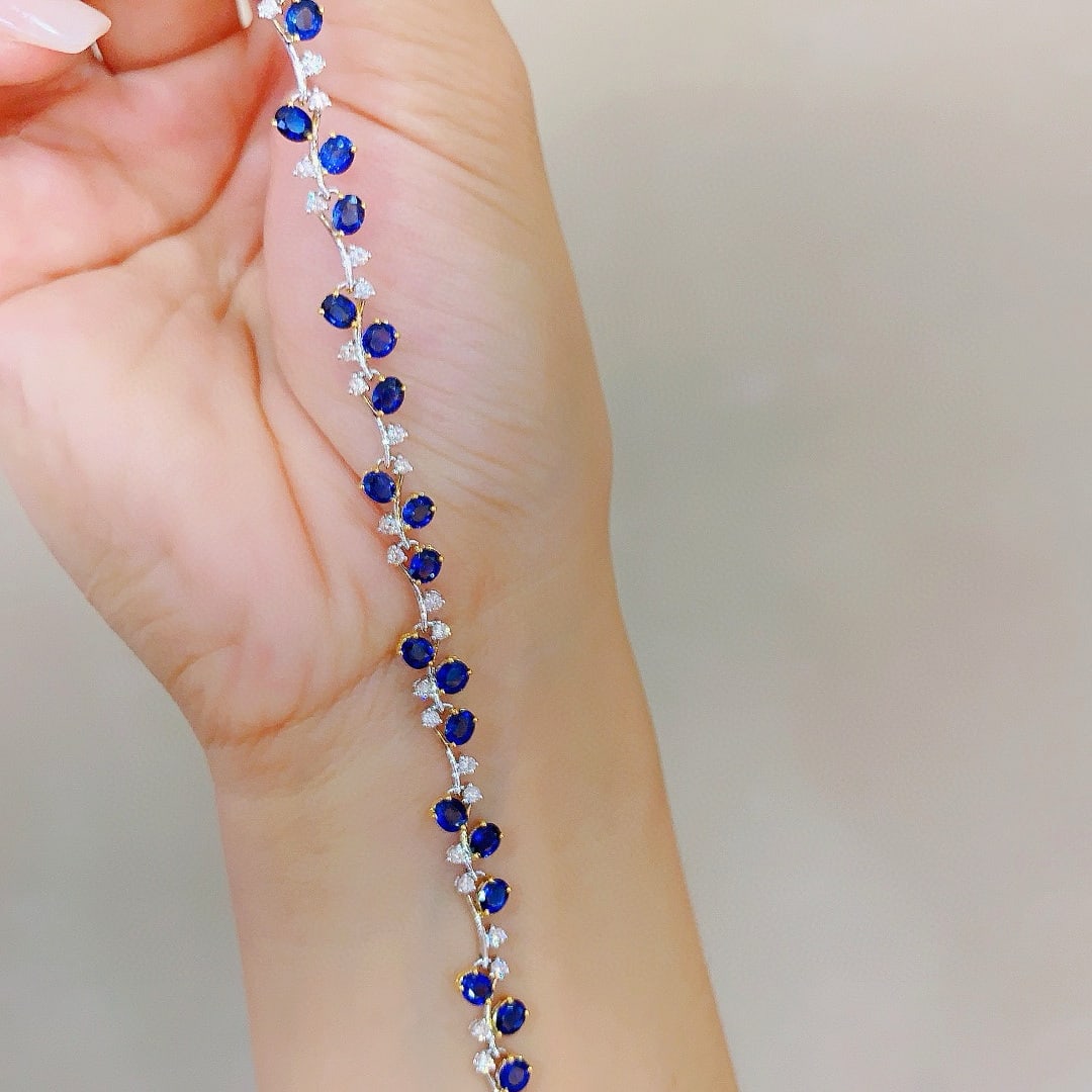 14k Gold 6.48 Ctw Vivid Blue Natural Sapphire & Diamond Bracelet - 4