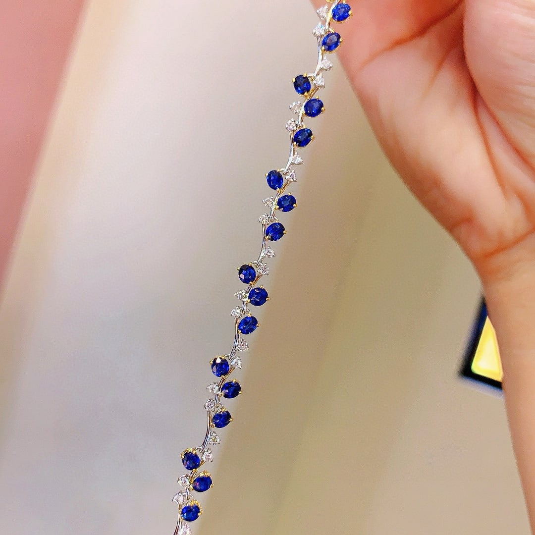 14k Gold 6.48 Ctw Vivid Blue Natural Sapphire & Diamond Bracelet - 5