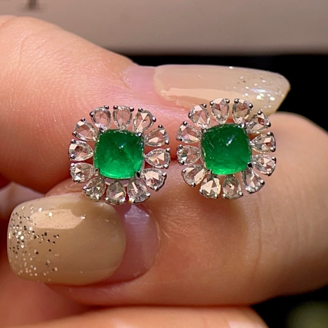 14k Gold 1.66 Ctw Vivid Green Natural Emerald & Diamond Earrings - 5