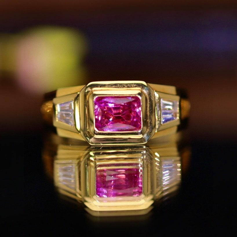 14k Gold 1.34 Ctw Natural Padparadscha Sapphire & Diamond Ring: Ref:230941237 // gold content:14k gold // ring size:7. 25us // // main gemstone:padparadscha sapphire // shape:octagonal // carat weight:1. 15ct // color:orangish pink // treatment:natural // //