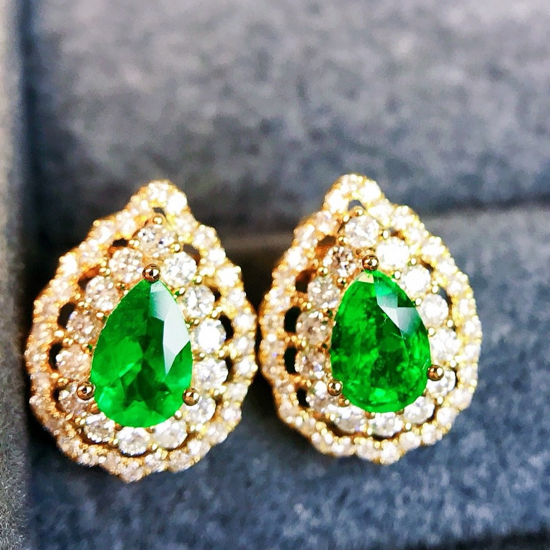 14k Gold 1.31 Ctw Vivid Green Natural Emerald & Diamond Earrings - 6
