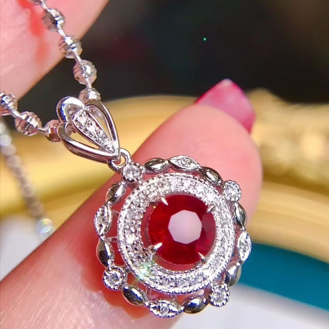 14k Gold 1.23 Ctw Natural Ruby & Diamond Pendant( Without Chain ): Ref:230941257 // gold content:14k gold // main gemstone:ruby // shape:round // carat weight:1ct // color:pigeonblood red // treatment:natural // cut grade:g // // adjacent gemstone 2 : diamond // shap