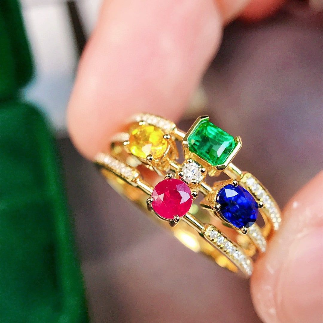 14k Gold 1.26 Ctw Natural Emerald & Sapphire & Ruby & Diamond Ring - 2