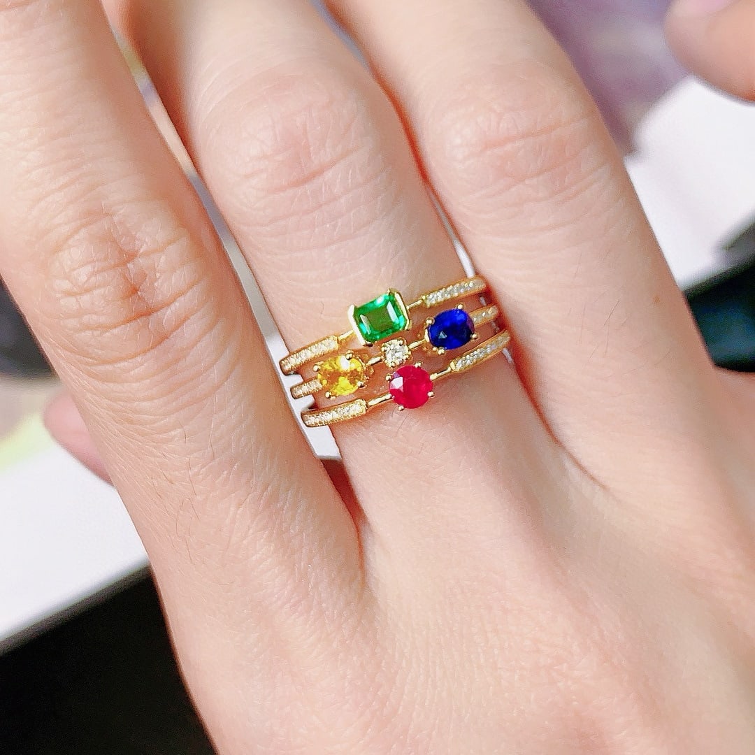 14k Gold 1.26 Ctw Natural Emerald & Sapphire & Ruby & Diamond Ring - 4