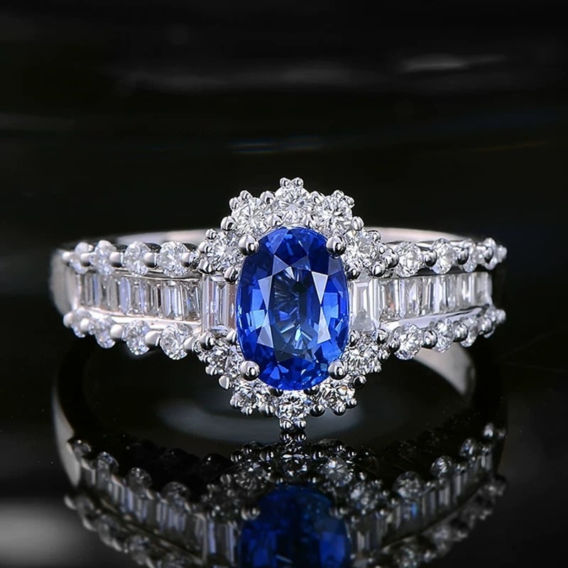 14k Gold 1.68 Ctw Natural Sapphire & Diamond Ring: Ref:230942011 // gold content:14k gold // ring size:7. 25us // // main gemstone:sapphire // shape:oval // carat weight:1. 02ct // color:royal blue // treatment:natural // // adjacent gemstone 2 :