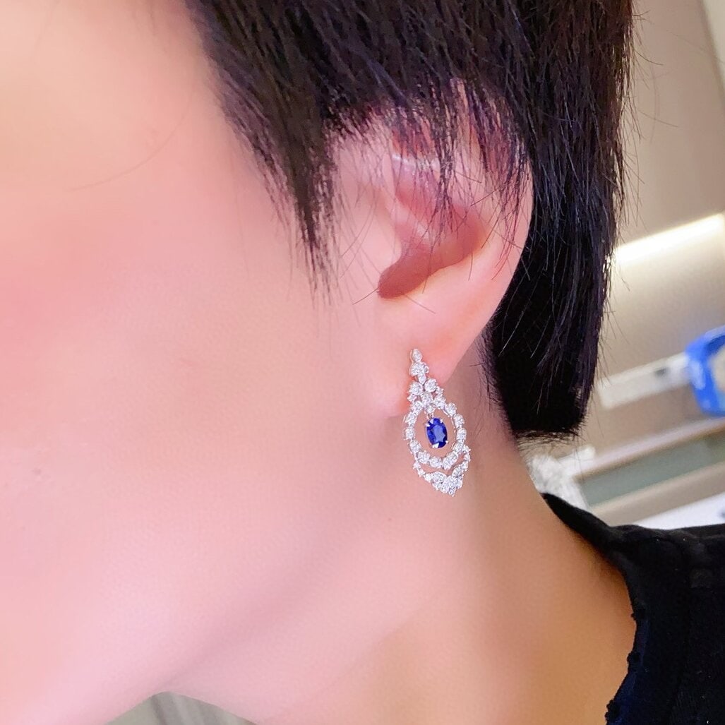 14k Gold 0.98 Ctw Vivid Blue Natural Sapphire & Diamond Earrings - 2