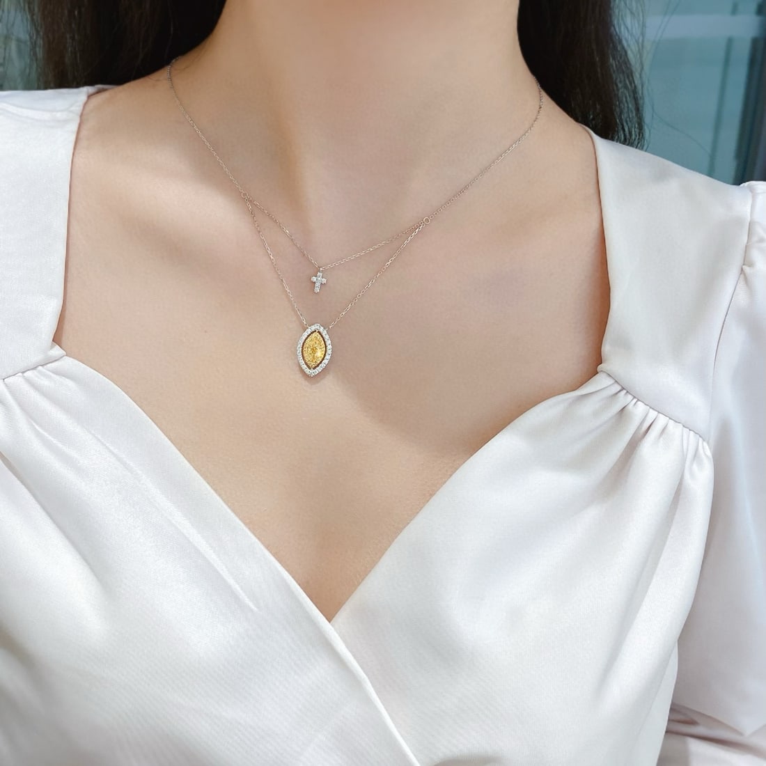 14k Gold 1.14 Ctw Natural Yellow Diamond & Diamond Necklace - 3