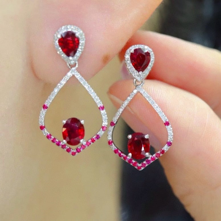14k Gold 1.92 Ctw Natural Ruby & Diamond Earrings - 5