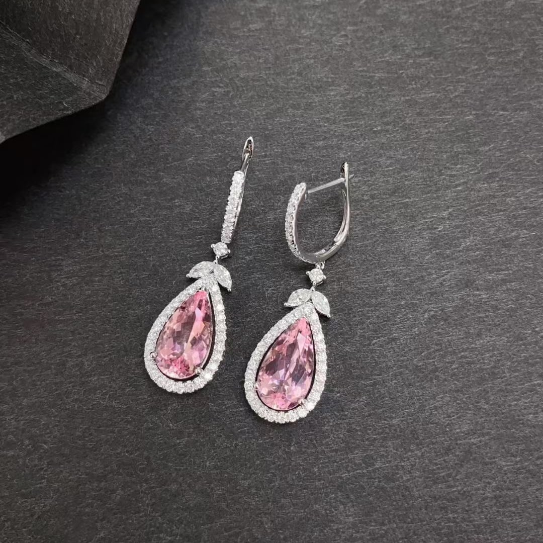 14k Gold 5.10 Ctw Natural Morganite & Diamond Earrings - 4