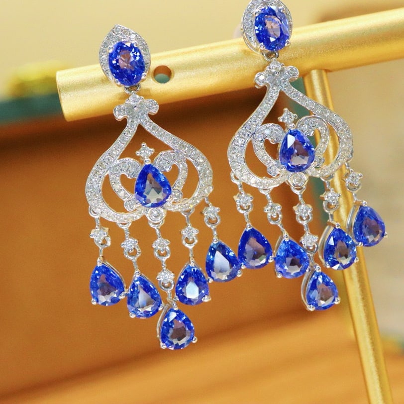 14k Gold 6.05 Ctw Natural Sapphire & Diamond Earrings - 3