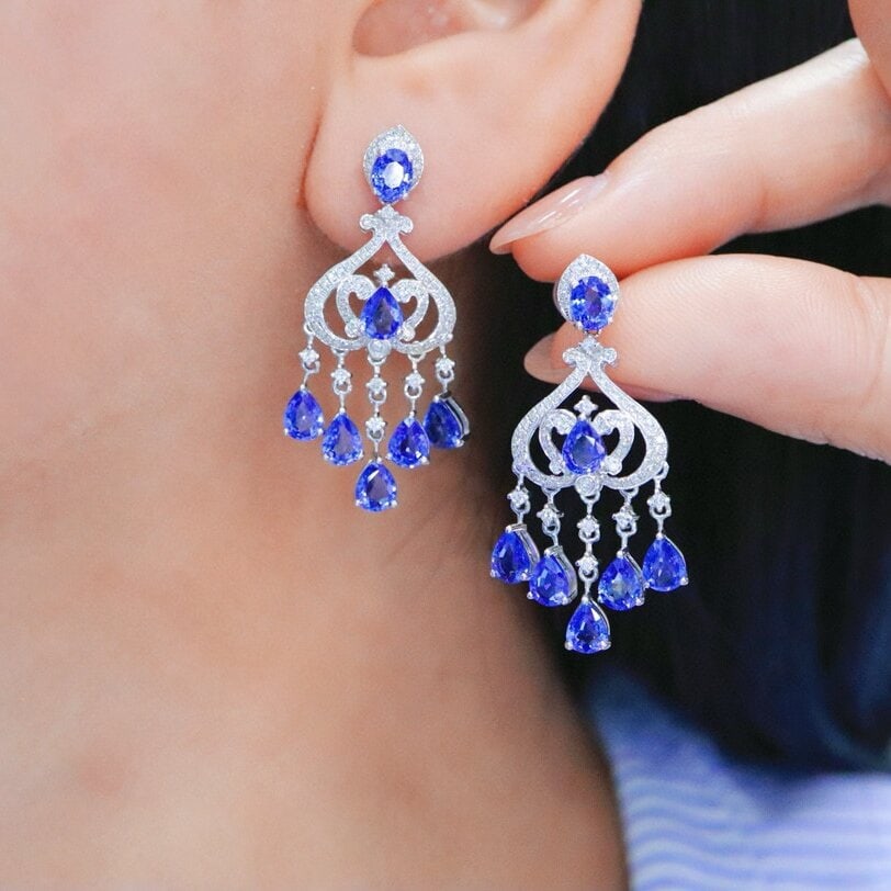 14k Gold 6.05 Ctw Natural Sapphire & Diamond Earrings - 5