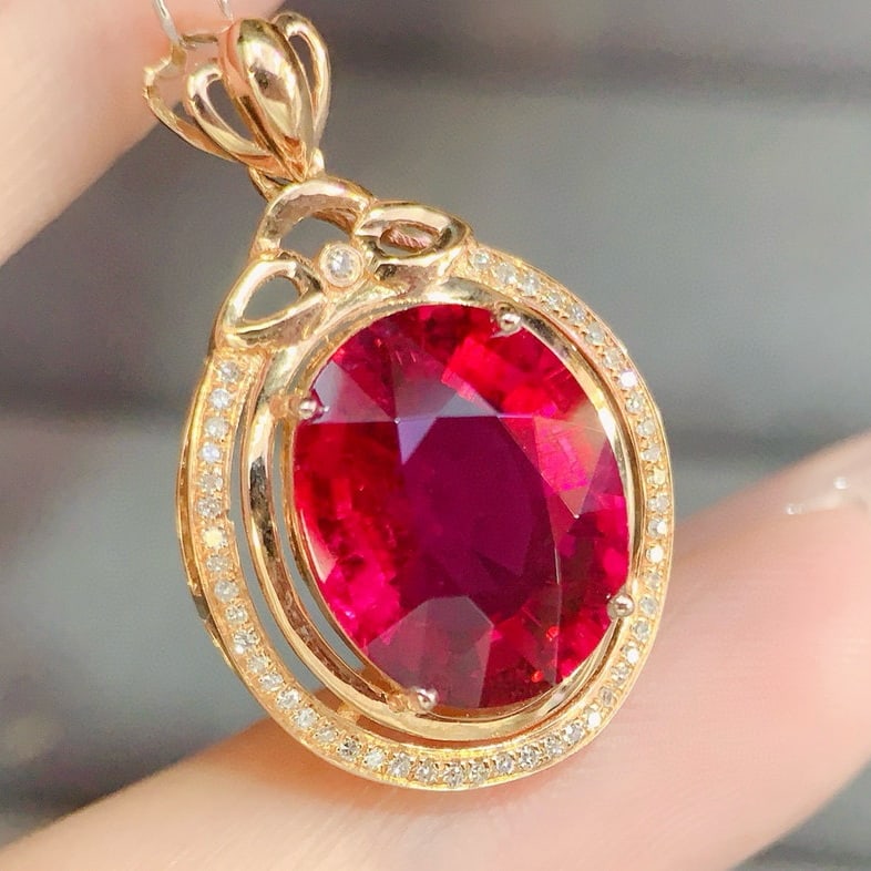 14k Gold 6.1 Ct Natural Tourmaline & Diamond Pendant( Without Chain ) - 3