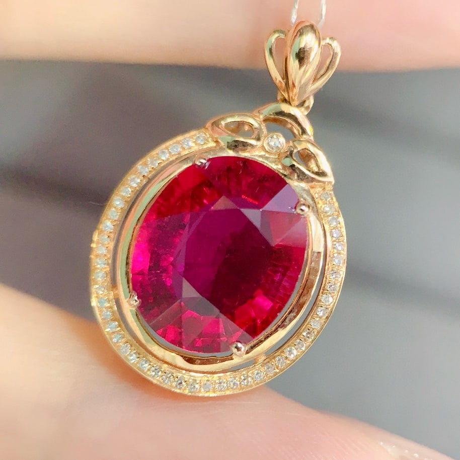 14k Gold 6.1 Ct Natural Tourmaline & Diamond Pendant( Without Chain ) - 4
