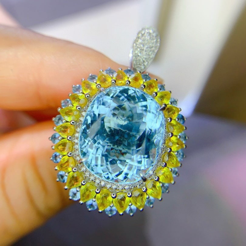 14k Gold 16.26 Ctw Natural Aquamarine & Sapphire Ring/pendant( Without Chain ) - 7