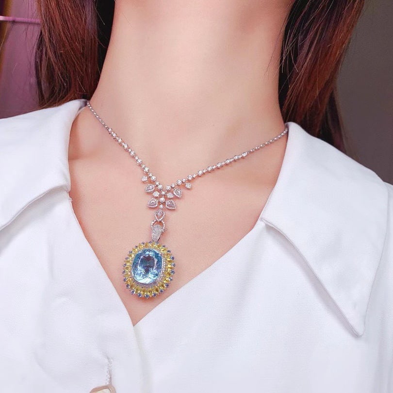 14k Gold 16.26 Ctw Natural Aquamarine & Sapphire Ring/pendant( Without Chain ) - 9