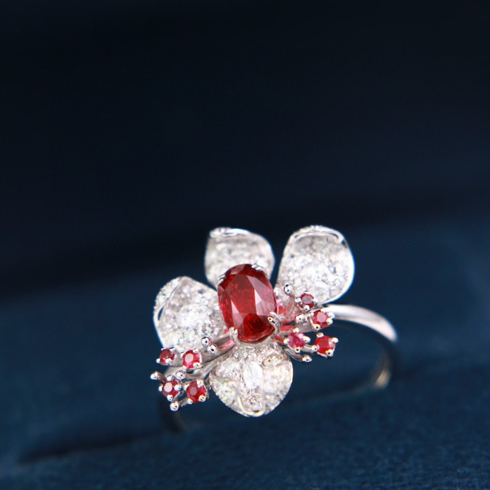 14k Gold 1 Ct Natural Ruby & Diamond & Ruby & Flowers Ring - 2
