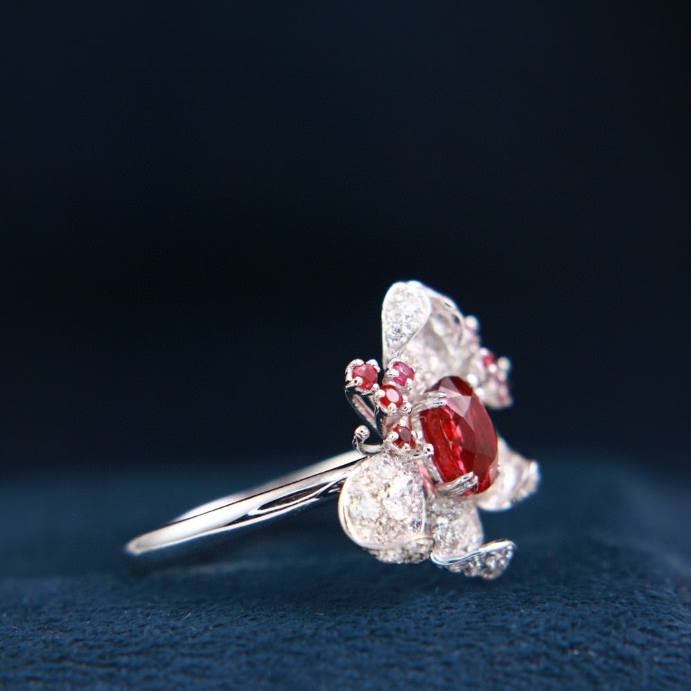 14k Gold 1 Ct Natural Ruby & Diamond & Ruby & Flowers Ring - 5