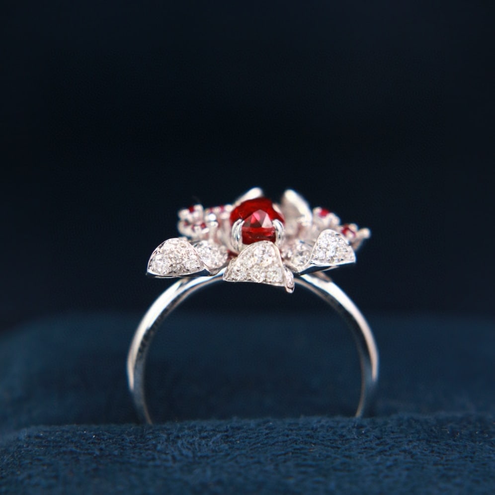 14k Gold 1 Ct Natural Ruby & Diamond & Ruby & Flowers Ring - 6