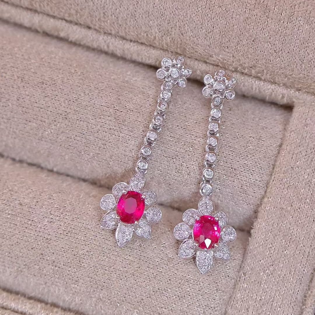 14k Gold 0.7 Ct Natural Ruby & Diamond Earrings - 4