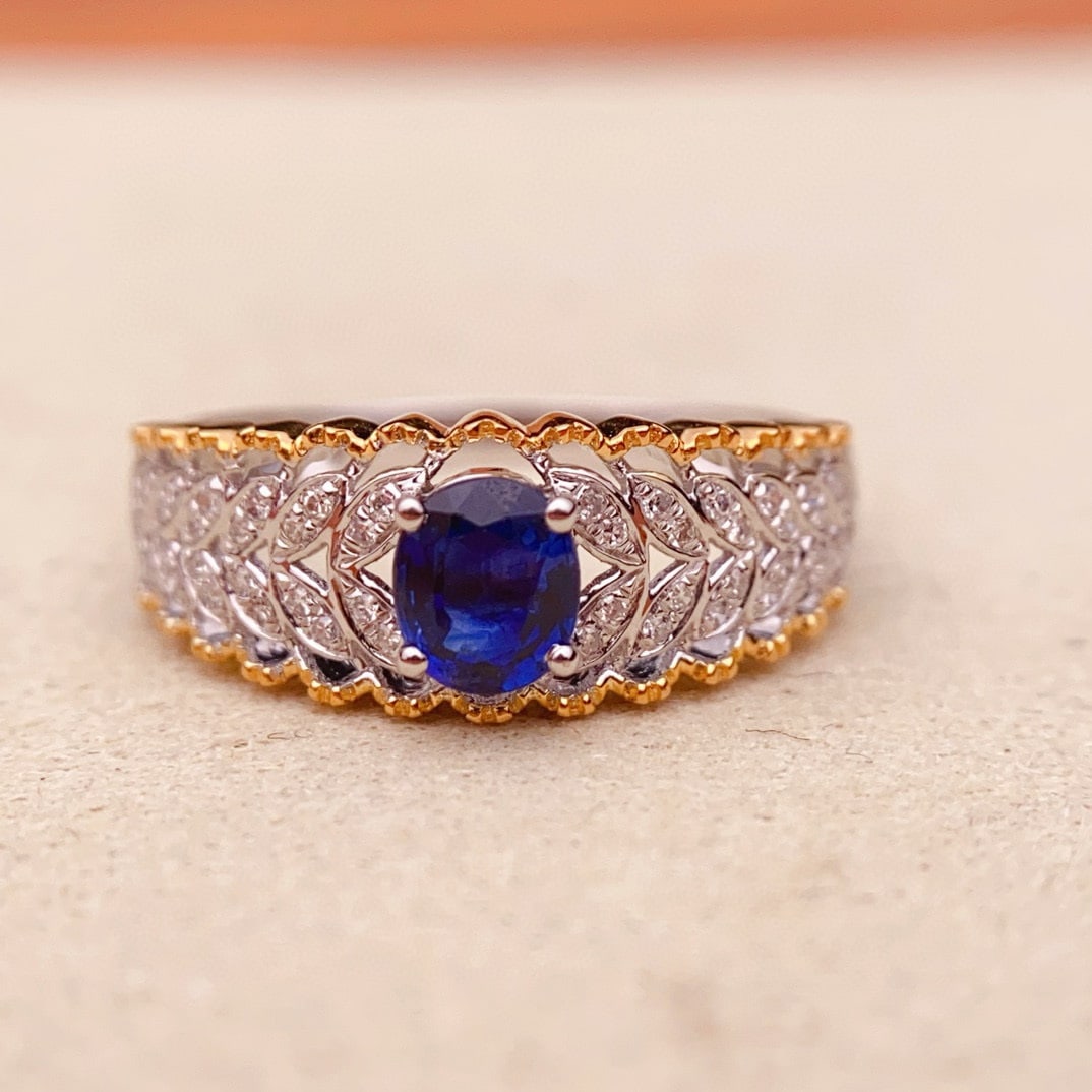 14k Gold 0.5 Ct Natural Sapphire & Diamond Ring: Ref:230942163 // gold content:14k gold // ring size:7. 25us // // main gemstone:sapphire // shape:oval // carat weight:0. 5ct // color:blue // treatment:natural // // adjacent gemstone 2 : diamond