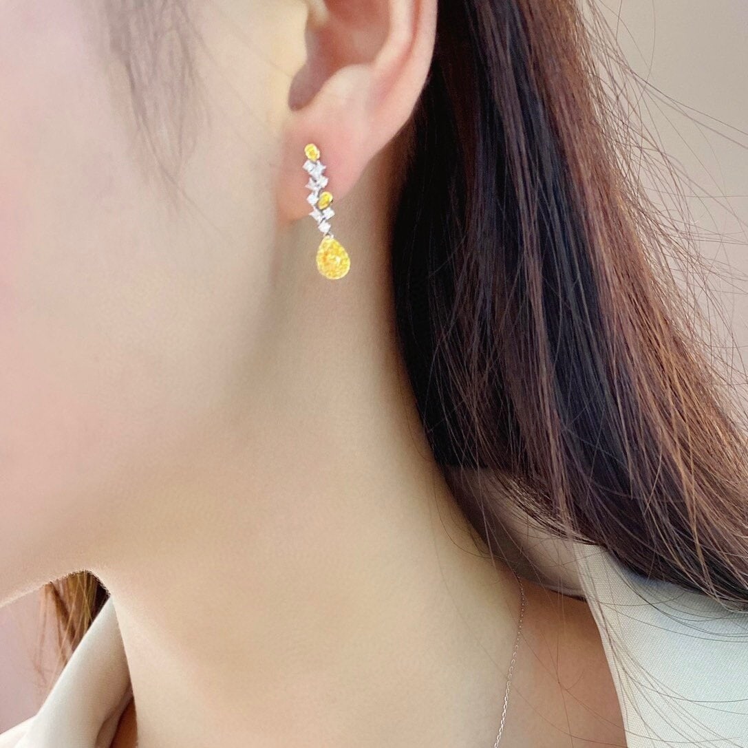 14k Gold 0.70 Ctw Natural Yellow Diamond & Diamond Earrings - 4