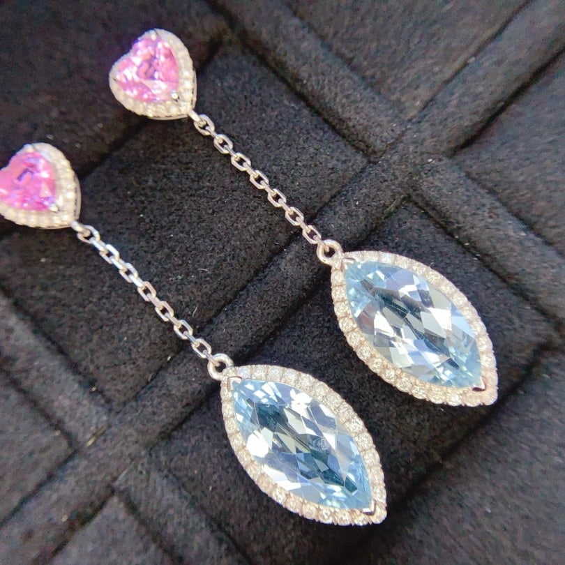 14k Gold 7.72 Ctw Natural Aquamarine & Diamond Earrings - 2