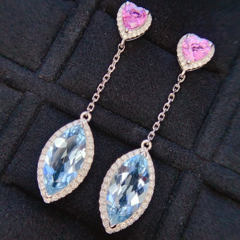 14k Gold 7.72 Ctw Natural Aquamarine & Diamond Earrings - 3