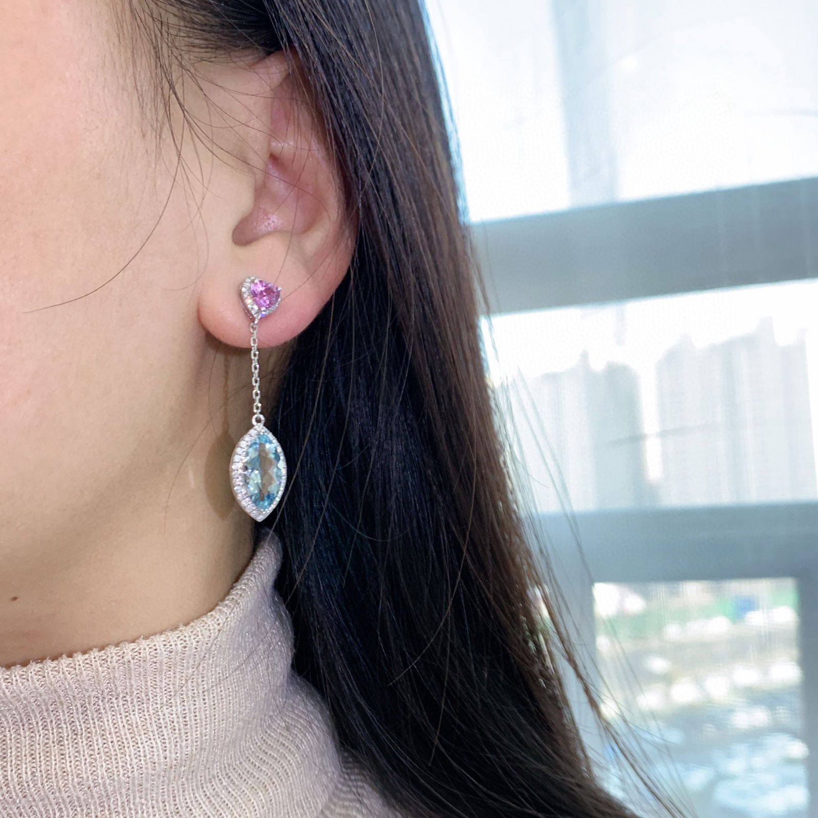 14k Gold 7.72 Ctw Natural Aquamarine & Diamond Earrings - 4