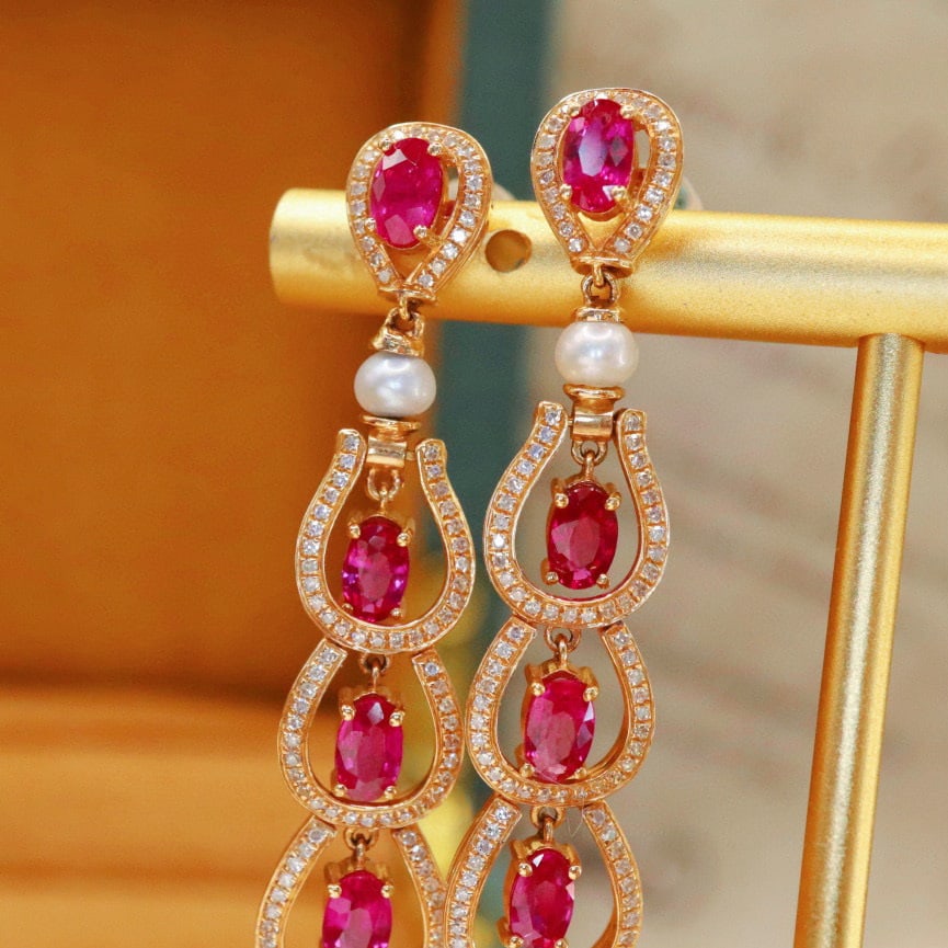 14k Gold 3.11 Ctw Natural Ruby & Diamond Earrings - 4