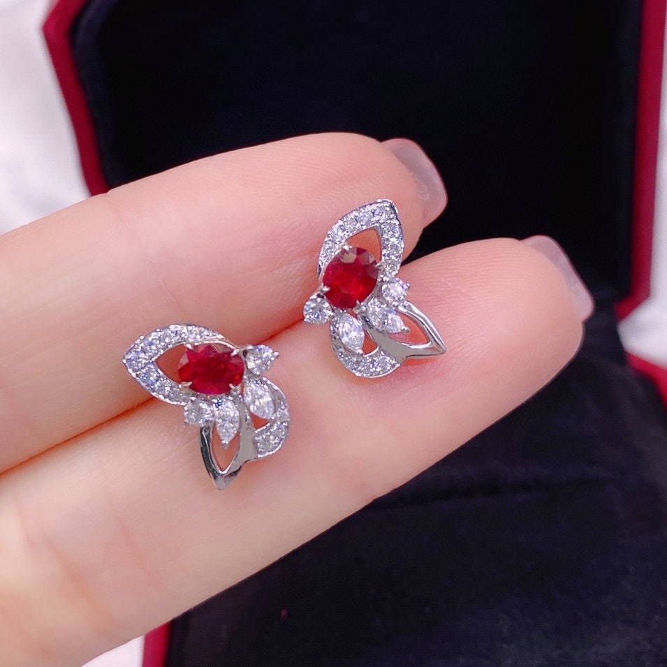 14k Gold 1.21 Ctw Vivid Red Natural Ruby & Diamond Earrings - 2