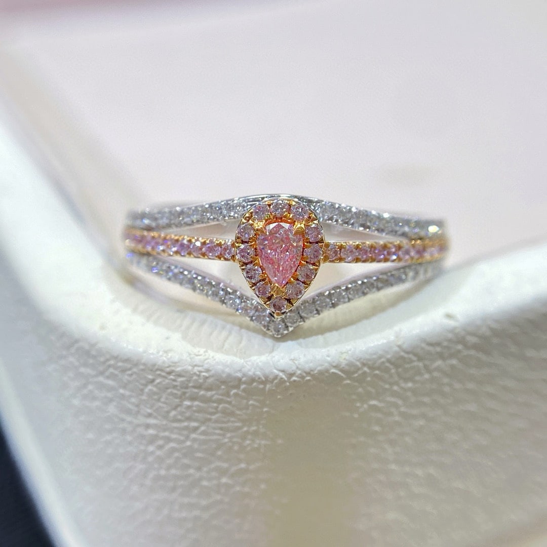14k Gold 0.31 Ctw Natural Pink Diamond & Diamond Ring: Ref:230942203 // gold content:14k gold // ring size:7. 25us // // main gemstone:pink diamond // shape:pear // carat weight:0. 07ct // color:pink // treatment:natural // // adjacent gemstone 2 :
