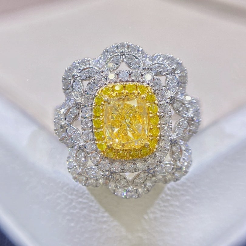 14k Gold 1.75 Ctw Natural Yellow Diamond & Diamond Ring: Ref:230942217 // gold content:14k gold // ring size:7. 25us // // main gemstone:yellow diamond // shape:cushion // carat weight:1. 01ct // color:yellow // treatment:natural // // adjacent gemstone