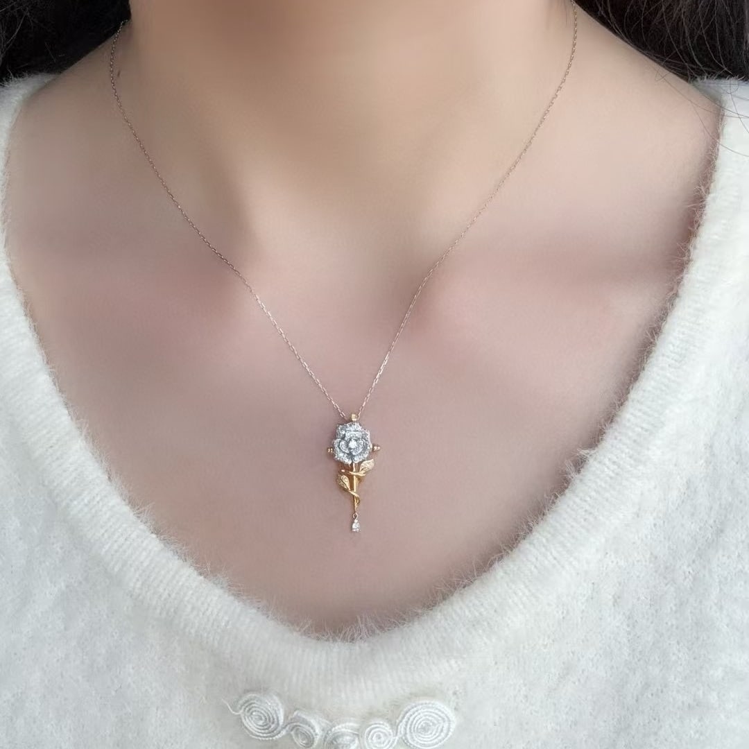 14k Gold 0.4 Ct Natural H Diamond & Flowers Pendant( Without Chain ) - 3