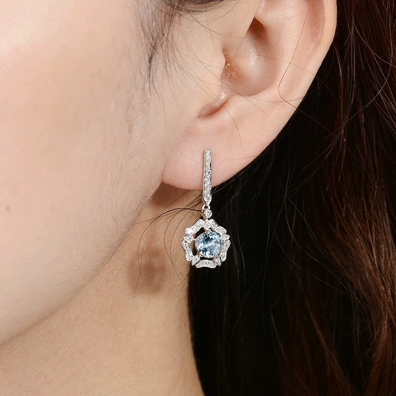 14k Gold 1.66 Ctw Natural Aquamarine & Diamond Earrings - 5