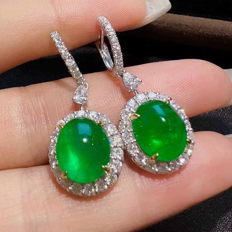 14k Gold 9.19 Ctw Vivid Green Natural Emerald & Diamond Earrings - 3