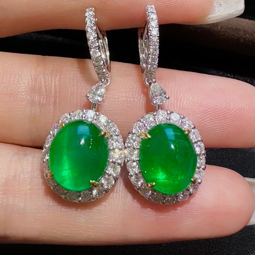 14k Gold 9.19 Ctw Vivid Green Natural Emerald & Diamond Earrings - 4