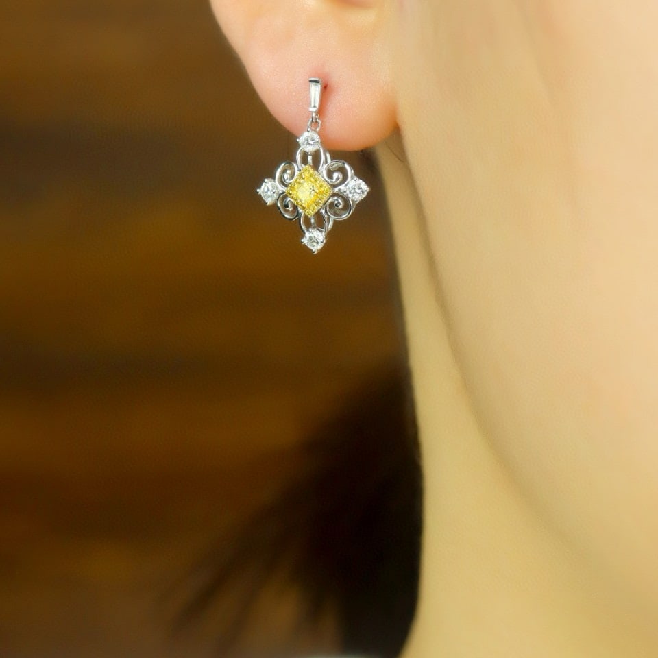 14k Gold 0.87 Ctw Natural Yellow Diamond & Diamond Earrings - 4