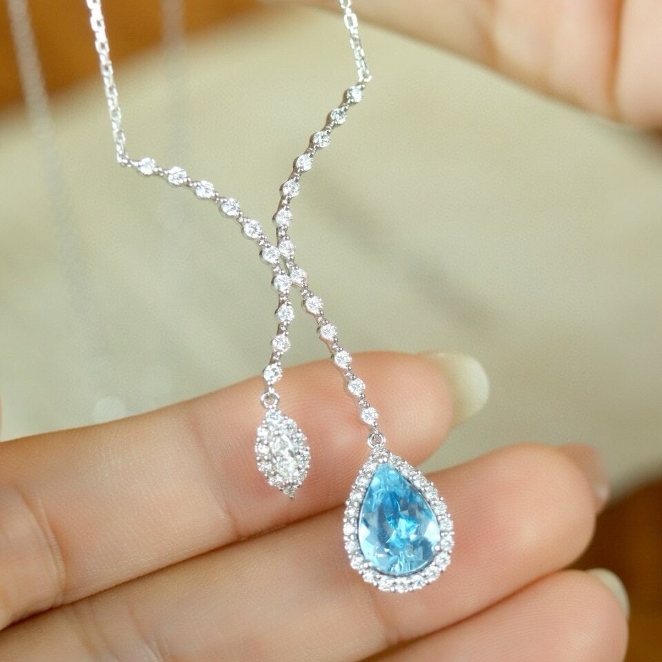 14k Gold 2.16 Ctw Natural Aquamarine & Diamond Necklace - 3