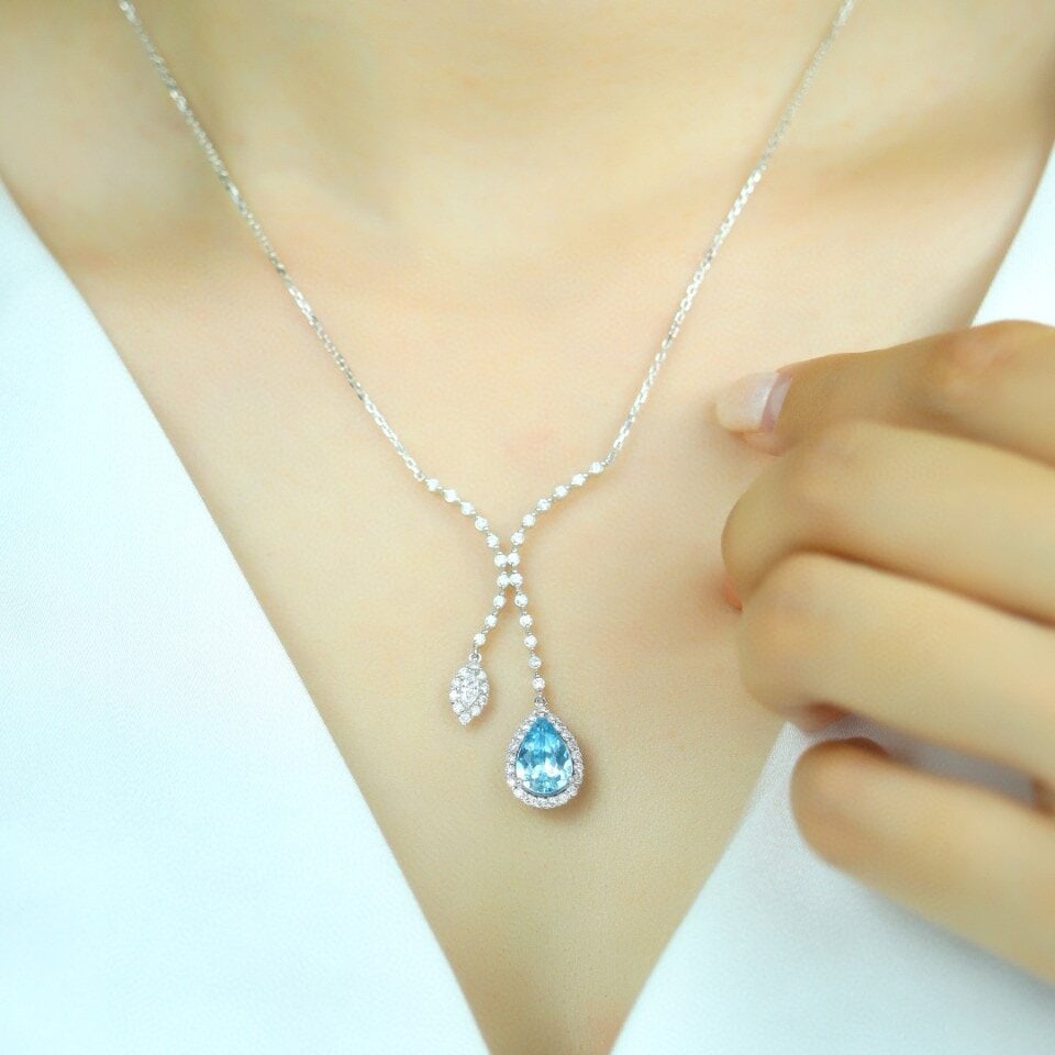 14k Gold 2.16 Ctw Natural Aquamarine & Diamond Necklace - 6