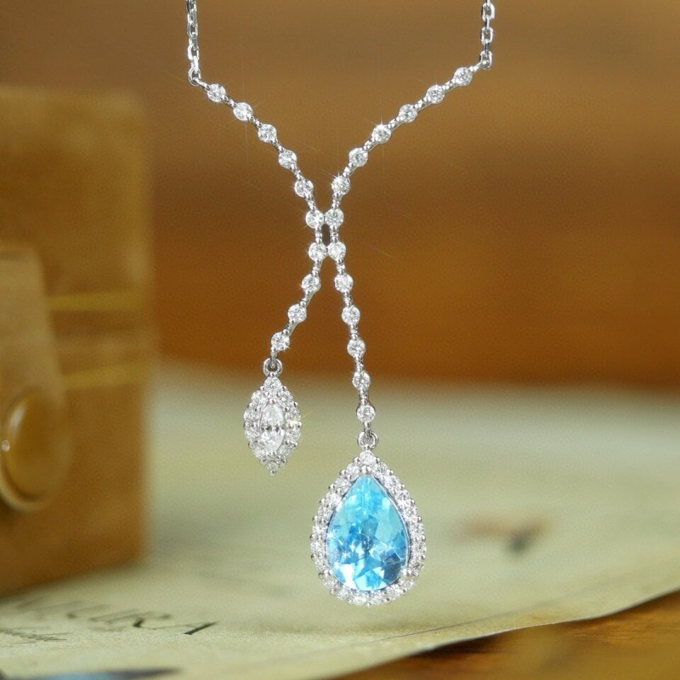 14k Gold 2.16 Ctw Natural Aquamarine & Diamond Necklace - 7