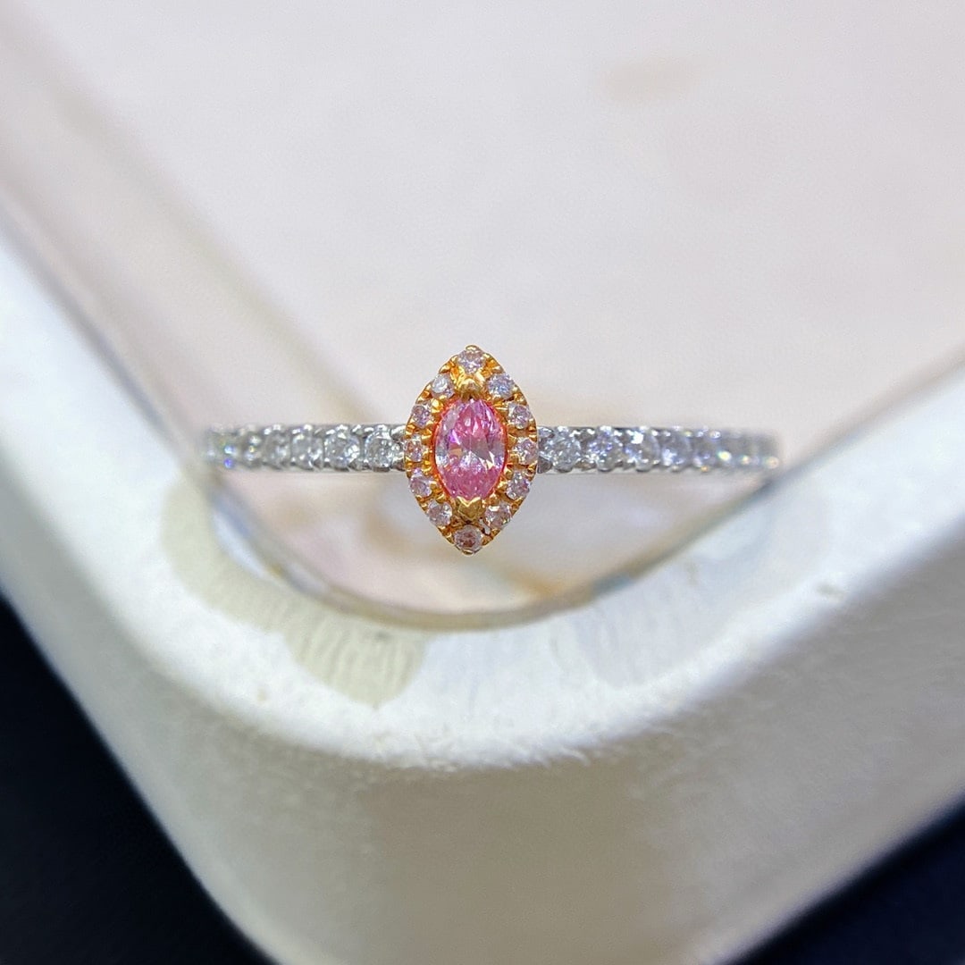 14k Gold 0.20 Ctw Natural Pink Diamond & Diamond Ring: Ref:230942393 // gold content:14k gold // ring size:7. 25us // // main gemstone:pink diamond // shape:marquise // carat weight:0. 06ct // color:pink // treatment:natural // // adjacent gemstone 2