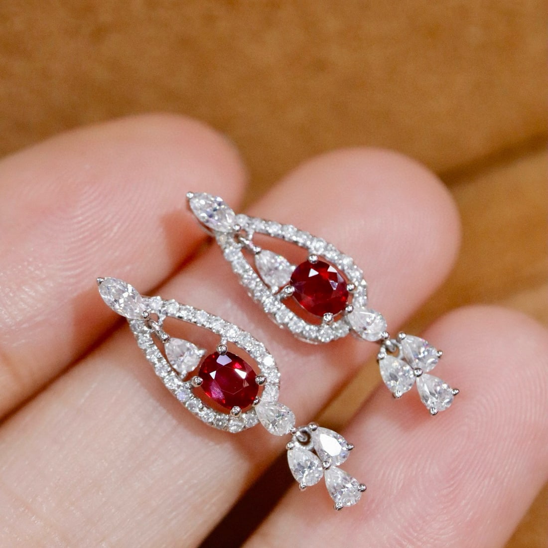 14k Gold 0.68 Ctw Vivid Red Natural Ruby & Diamond Earrings - 2