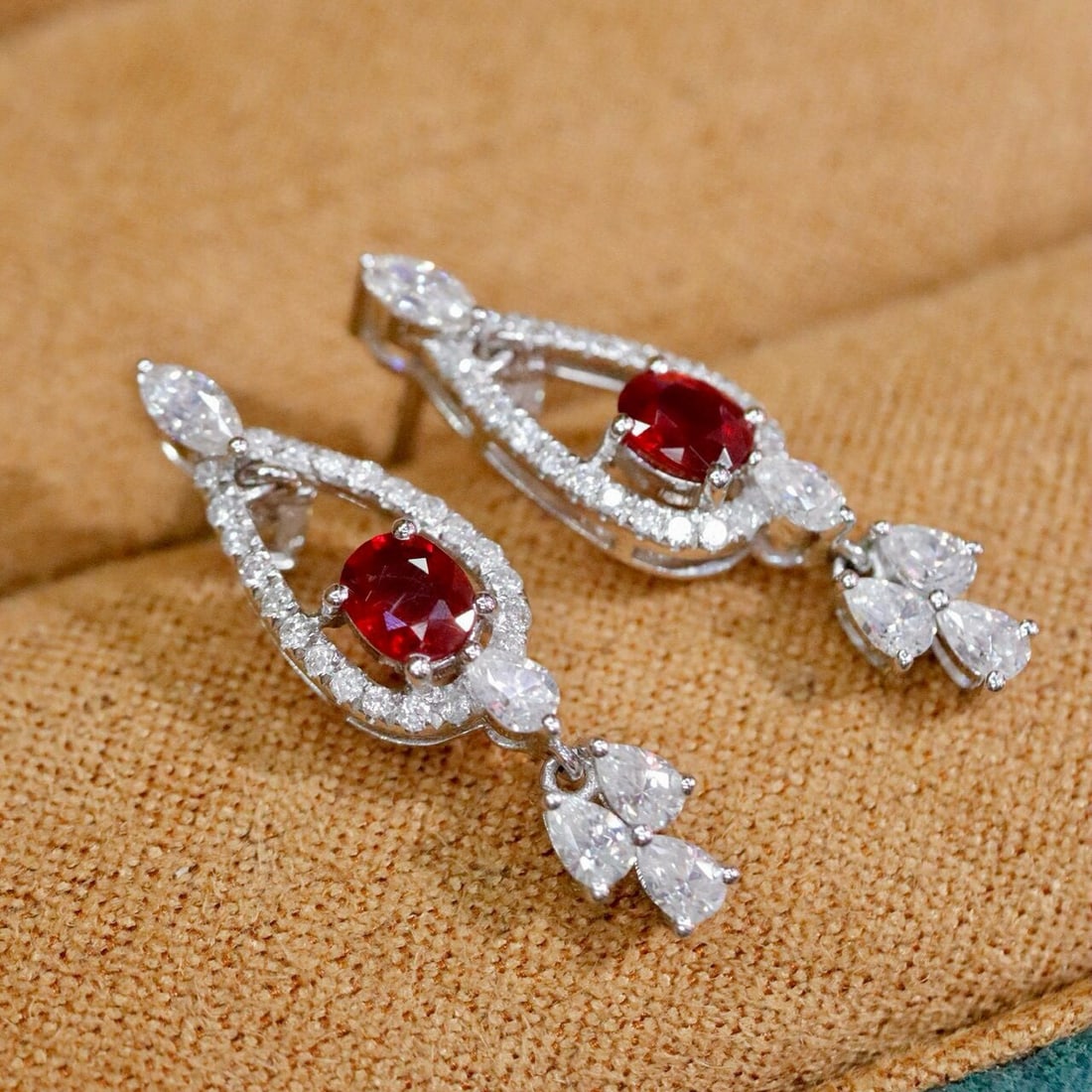 14k Gold 0.68 Ctw Vivid Red Natural Ruby & Diamond Earrings - 4