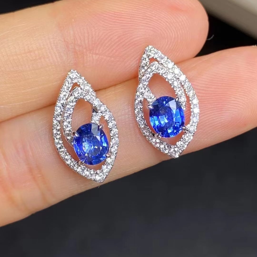 14k Gold 1.6 Ct Natural Sapphire & Diamond Earrings - 2