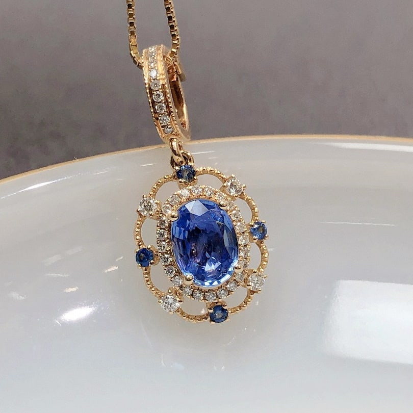 14k Gold 0.99 Ctw Natural Sapphire & Diamond Pendant( Without Chain ) - 3