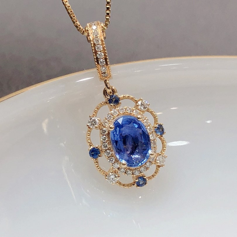 14k Gold 0.99 Ctw Natural Sapphire & Diamond Pendant( Without Chain ) - 4