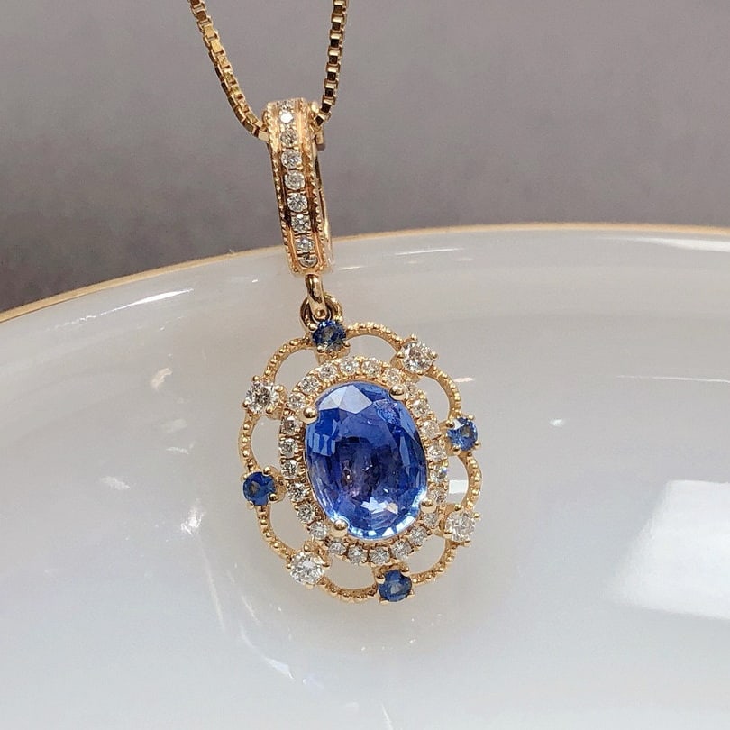 14k Gold 0.99 Ctw Natural Sapphire & Diamond Pendant( Without Chain ) - 6
