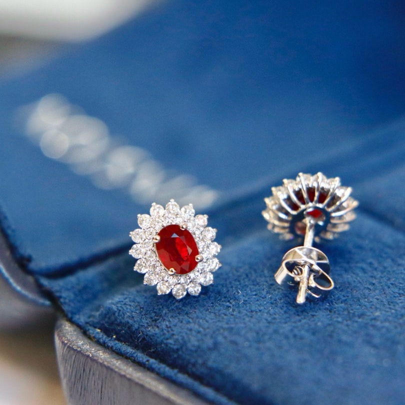 14k Gold 1.47 Ctw Vivid Red Natural Ruby & Diamond Earrings - 2